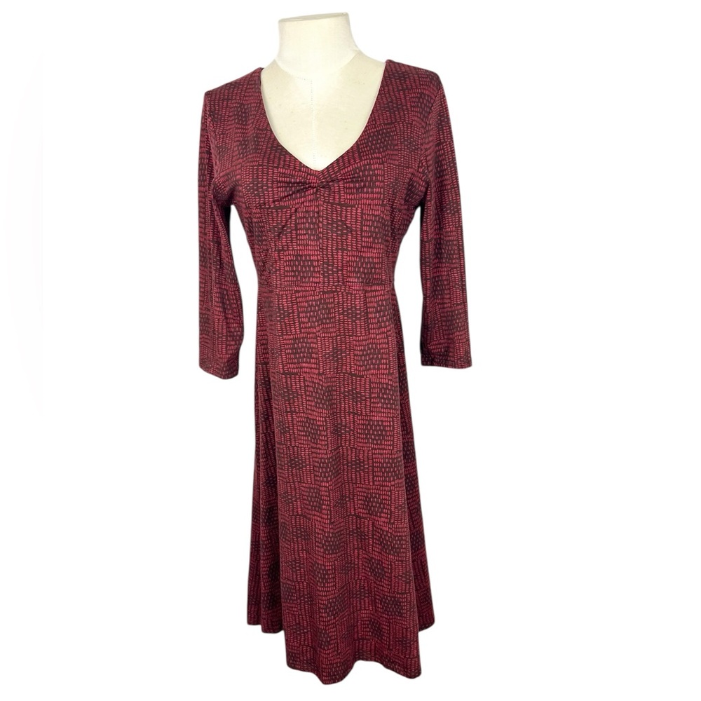 Toad‎ & Co Rosalinda dark red print Stretch Organic Knit Dress V neck M